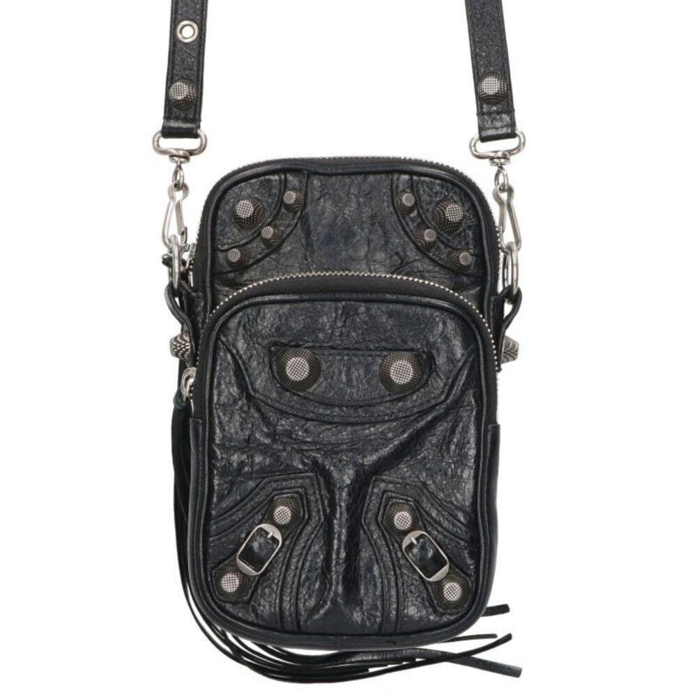 Balenciaga Lucagol Studded Leather Shoulder Bag Black Silver